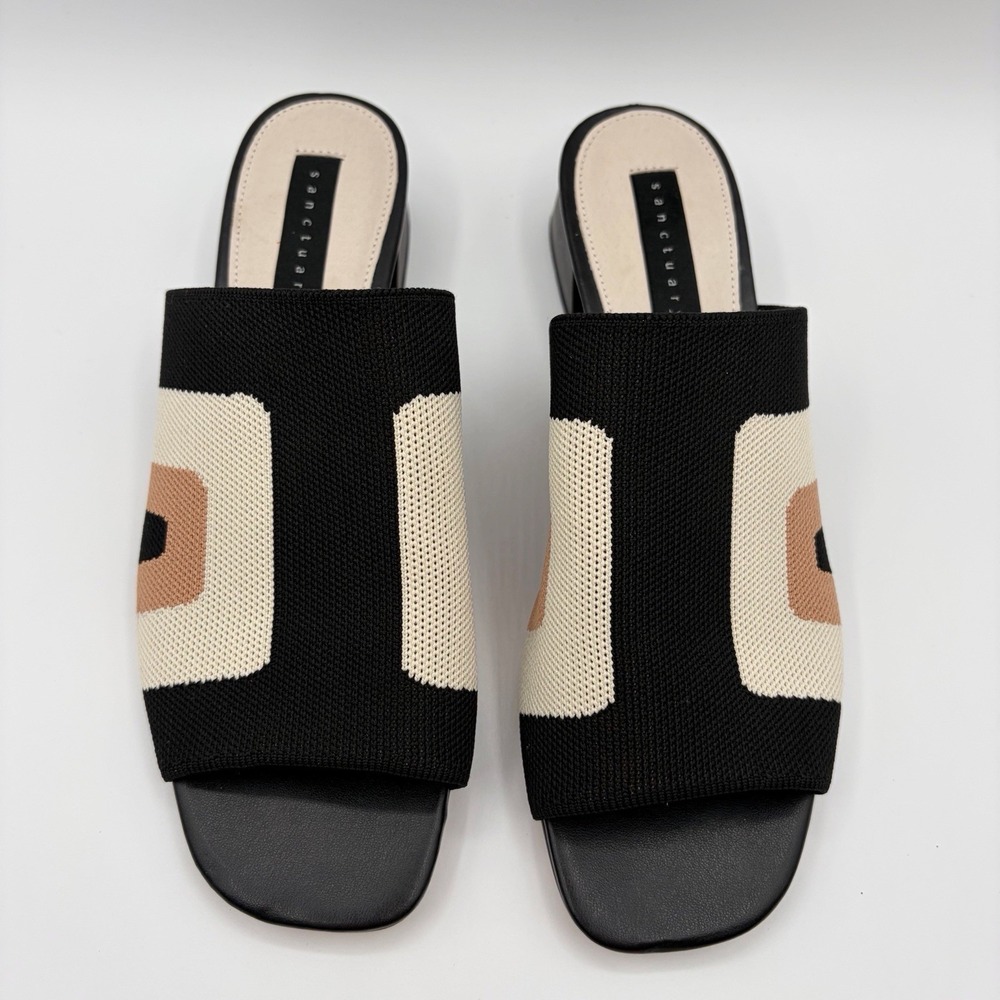 Sanctuary Rumble Black Tan Cream Mesh Heel Sandals Slides Shoes Sz 8 Square Toe